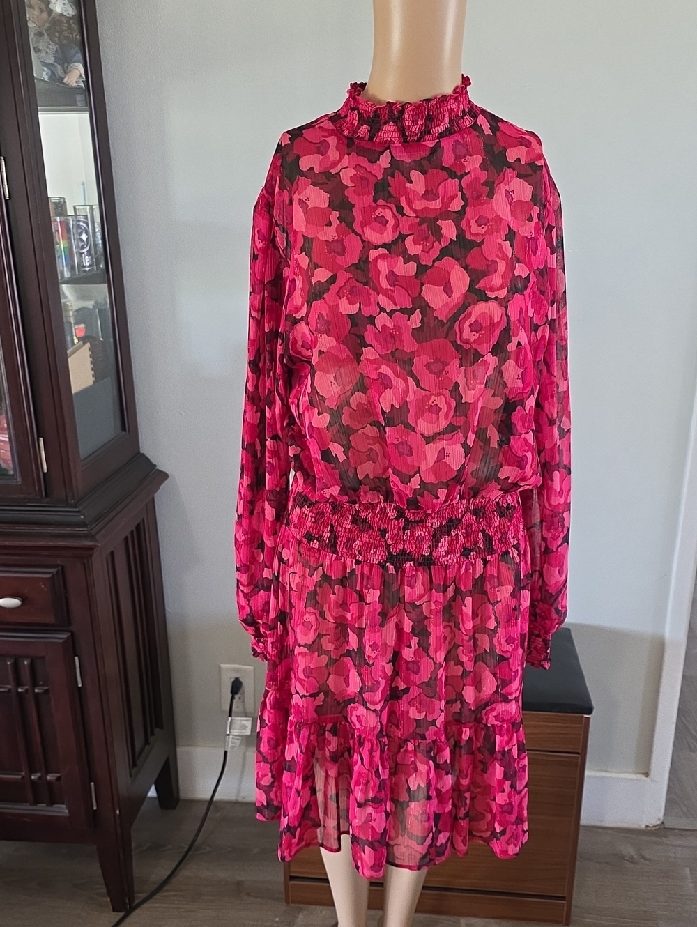 Floral Sheer Pink Long-Sleeve Smocked Waist Dress